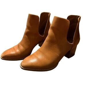 Deltan Cognac Leather Ankle Booties 6M Block Heel Slip-On Cutout Boot Shoes